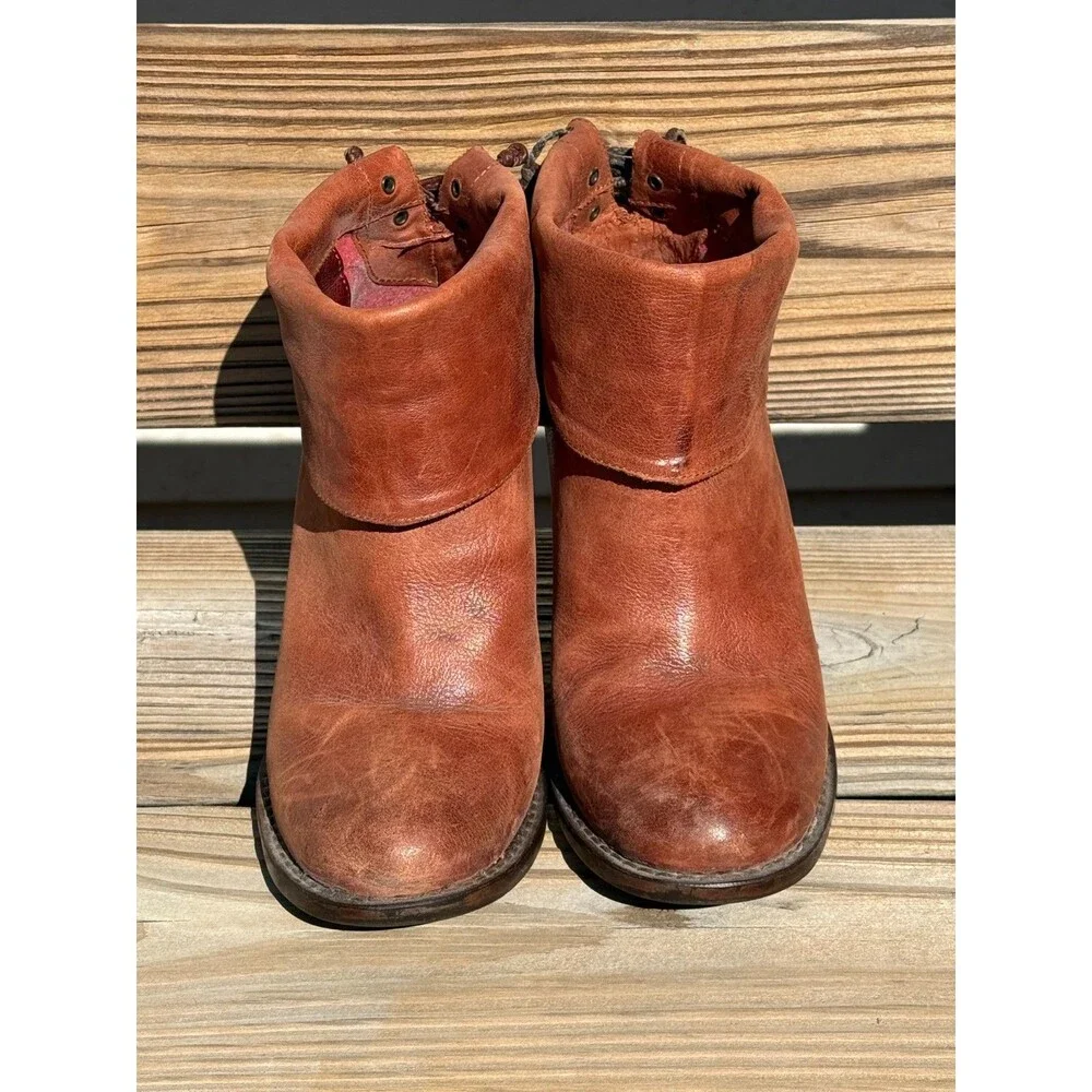 Vtg BRONX  Ankle Boots Leather Lace Up Brown Folded Cuff Womens Sz EU 36 US 6